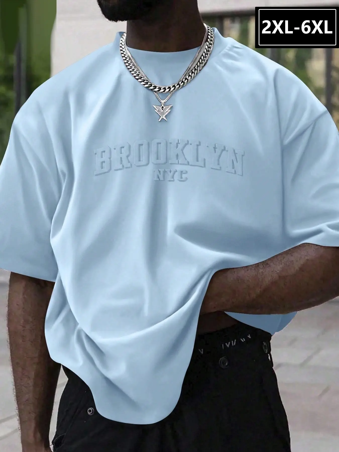 Big & Tall Brooklyn NYC Embossed Tee - Comfortable Lightweight Fabric, Tone-on-Tone "Brooklyn NYC" Print, Oversized Streetwear Casual Shirt, Casual Comfy Streetwear, Multi-Wear for Daily / Street OOTD, Breathable Crew Neck Top, Loose, Crewneck