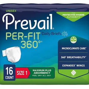 Prevail PER-FIT 360° Daily Briefs Unisex Size 1 Maximum Plus Absorbency Microclimate Care 360° Breathability Expandex Wings 16 Count