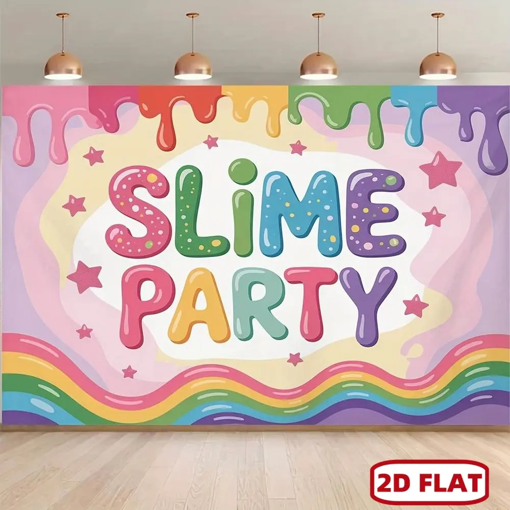 1pc 2D Flat Slime Party Backdrop Banner Design "Slime Party" Rainbow Theme Backdrop Banner - Colorful Polyester Fabric with Stars and Wavy Patterns, for Photo Parties, Event Decorations, and Indo