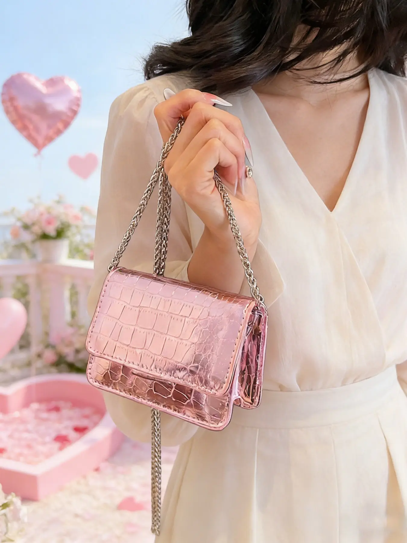 Women's Fashion Crocodile Pattern Crossbody With Chain Bag, Bright Color Mini Chain Flap Fashionable Shoulder Bag, Magnetic Buckle Design, Street Style Accessory, Chain Crossbody Bags