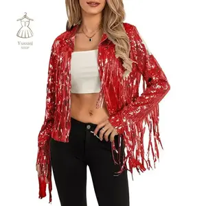 Women Disco Cowgirl Jacket Lightweight Casual Sequin Tassels Long Sleeves Cardigan Coat for Outwear Streetwear