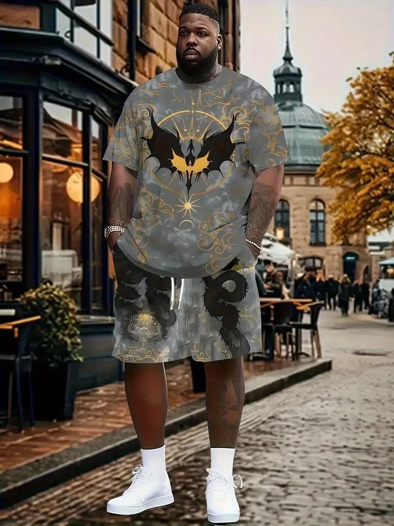 Men's Plus Size Casual Sportswear Set, Athletic Fashion Activewear Tracksuits, Casual Sporty Set, Round Neck Teddy Fabric, 100% Polyester, Elastic, Ethnic Print, Casual Sportswear Outfit, Ideal for Gym and Leisure