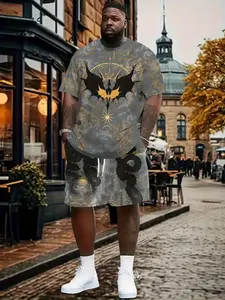 Men's Plus Size Casual Sportswear Set, Athletic Fashion Activewear Tracksuits, Round Neck Teddy Fabric, 100% Polyester, Elastic, Ethnic Print, Ideal for Gym and Leisure