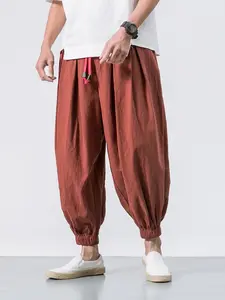 Men's Solid Color Drawstring Waist Harem Pants, Loose Casual Comfy Drop Crotch Linen Pants for Spring, Fashion Men's Bottoms for Daily Wear