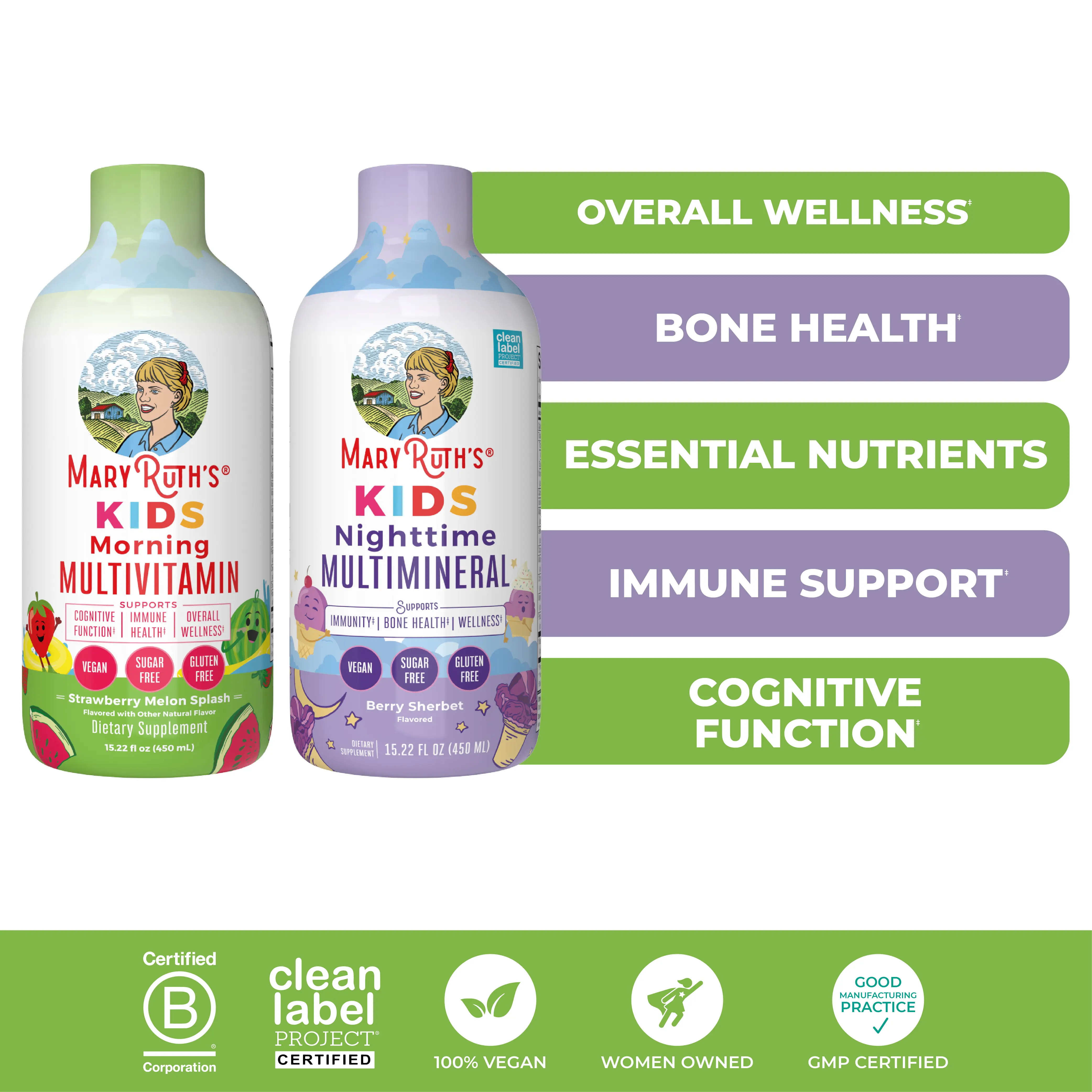 MaryRuth's Kids AM & PM Wellness Bundle - Kids Liquid Morning Multivitamin, Strawberry Melon Splash, 15.22 oz - Kids Liquid Nighttime Multimineral, Berry Sherbet, 15.22 oz