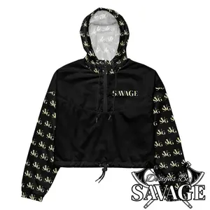 SVG Logo Women’s Cropped Hooded Windbreaker in Black and Cream - Chic Weather Protection | Designs By Savage