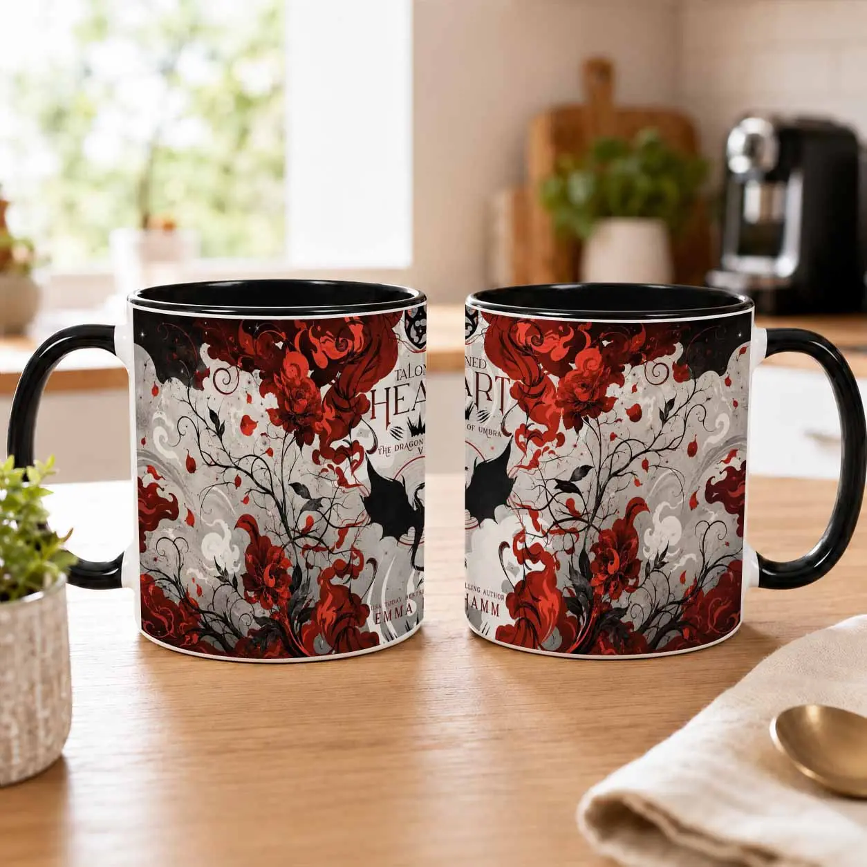 Dragon and Red Rose Fantasy Art Mug 15oz  Gothic Floral and Winged Creature Print  Durable Ceramic  Vivid Colors  Dishwasher Safe  Perfect for Home Office Coffee Tea Gift Celebration Decor
