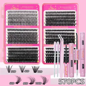 570PCS Mixed Style 3040606080100D False Eyelashes Set, 10-18mm D Curl, Mixed Length,Lash kit with bond seal and remover and applicater and lash brushes,natural Volume DIY Individual Lashes,Home Lash Extension Kit