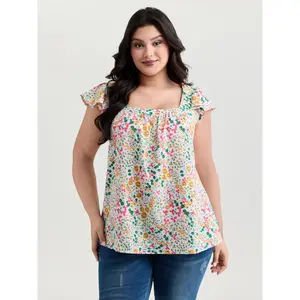 BloomChic Women's Plus-Size Bright Floral Print Flutter Sleeve Blouse - 2026 Summer Pick, Smooth Fabric Garment with Flattering Fit for Mother's Day