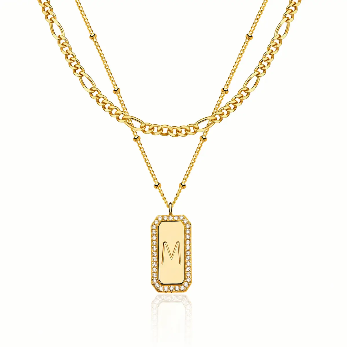 Women's 14K Double-Layer Initial Necklace, Personalized Cubic Zirconia Square Initial Plate Pendant Layered Necklace, Anniversary and Christmas Gift Necklace for Women