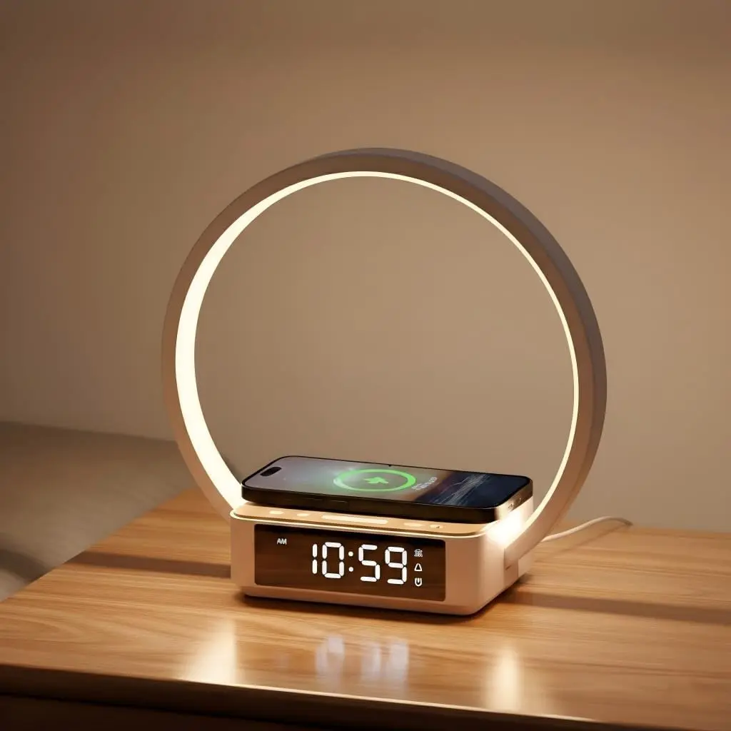 Bedside Lamp with Alarm Clock,Touch Lamp with Wireless Charger,Nightlight for Bedroom,Sunrise Wake-up Light,3-Grade Dimmable,Birthday Gifts for Her,Women,Men,Mom,Daughter,Girlfriend(Wood Grain)