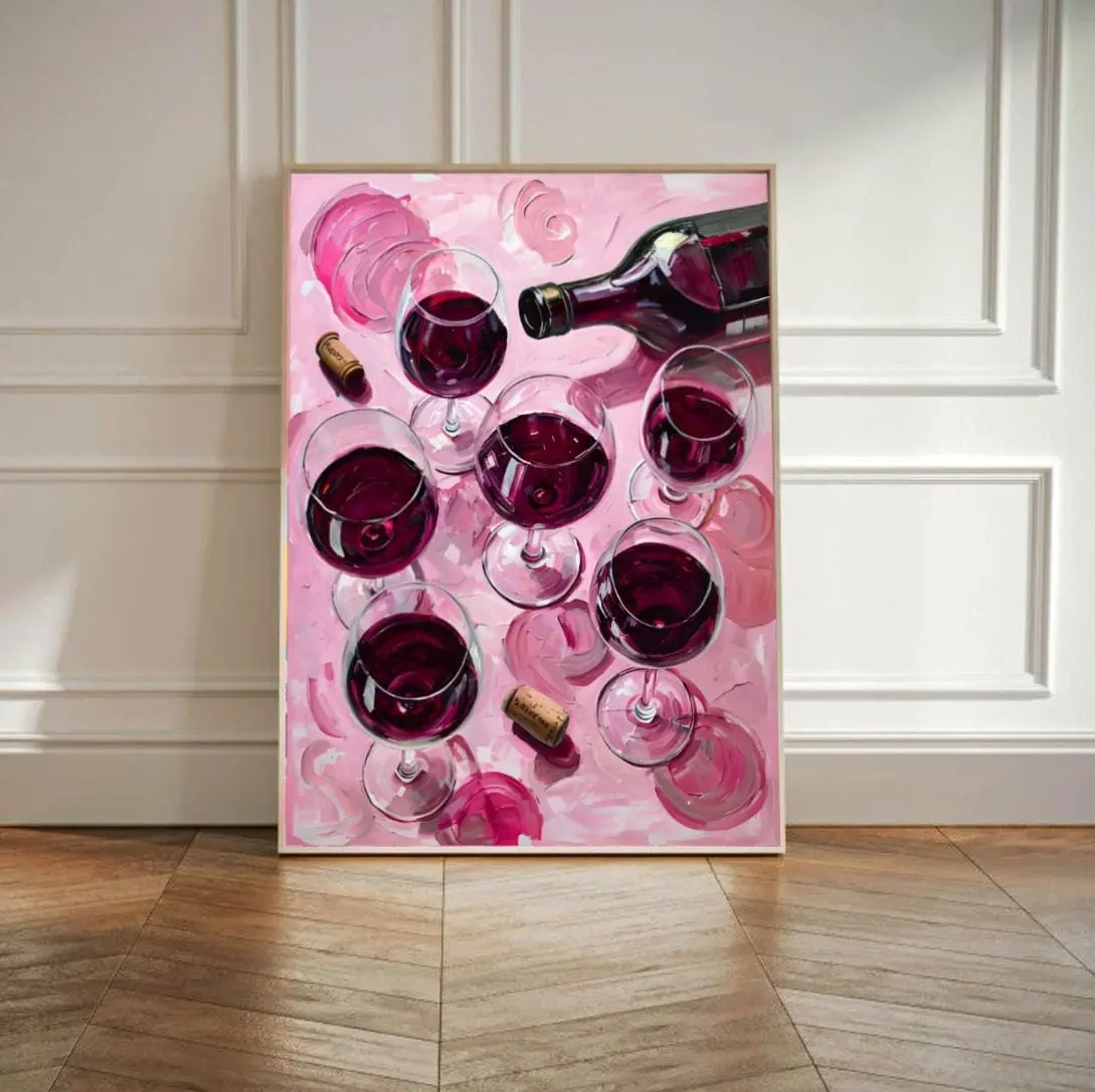 Red Wine Wall Art Print with Glasses and Bottle on Pink Background | Modern Bar Kitchen Decor Poster , No frame