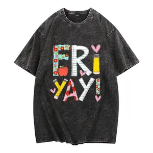 Fri-Yay! Women's Fun Friday Teacher T-Shirt – Colorful Letter Print with Floral & Elements, Soft , Round Neck, Short Sleeve, Stretch Fabric, Casual Summer Top for Teachers &, Event Attire