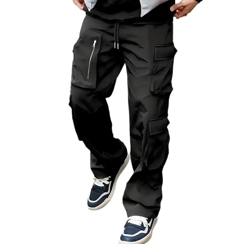 Men's Wide-Leg Cargo Pants - 10-Pocket, Aesthetic, Closure, Combat, Edgy, Solid Plain Design, Techwear Style, Drawstring Waist, Casual Streetwear Menswear Bottoms, 10-Pocket Men's Pants, Aesthetic Men's Pants