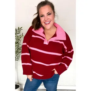 Fall For You Crimson Stripe Notched Neck Collared Oversized Sweater