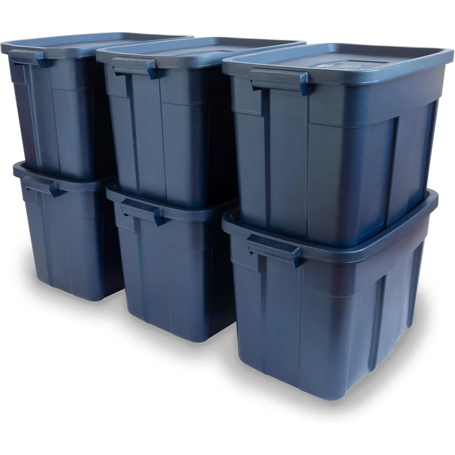 Rubbermaid Roughneck 18 Gallon Rugged Stackable Storage Tote with Lid and Handles for Home Usage, Dark Indigo Metallic, 6 Pack Boxes Organiser