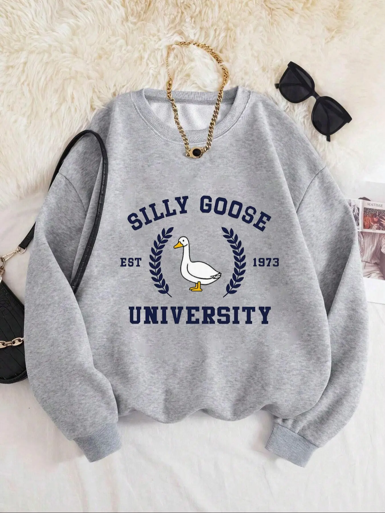 Silly Goose Graphic Knit Pullover Sweater, Soft Comfortable Baggy Loose-Fit Oversized Long Sleeve Casual Sweatshirt, Fashion Sporty Style for Fall & Winter Seasons Knitwear, Tops, Fabric
