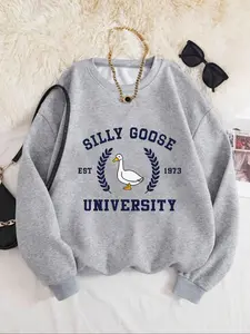 Silly Goose Graphic Knit Pullover Sweater, Soft Comfortable Loose-Fit Long Sleeve Casual Sweatshirt, Fashion Sporty Style for Fall & Winter Seasons Knitwear