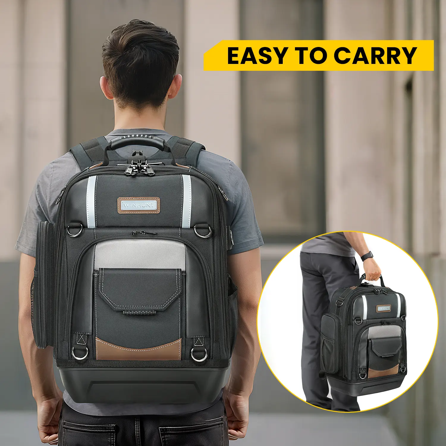WINHUNT Professional Tool Backpack Heavy Duty Storage Bag with Multiple Compartments Padded Straps Black Grey Easy to Carry for Professionals