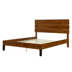 Mid-Century Modern Solid Wood Bed Frame Queen Size Platform Bed with Three-Piece Headboard Design, No Box Spring Needed, Brown cloud bed new bed