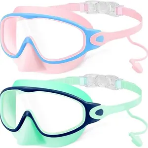 Swimming Goggles with Nose Bridge and Ear Plugs, Anti-Fog Wide Vision, Kid Swim Goggles, Suitable for Boys and Girls Ages 3-12