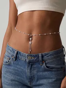 14g Belly Ring with Chain, Rhinestone Waist Body Chain, Bikini Belly Jewelry, Belly Button Piercing, Beach Accessories for Women Adults