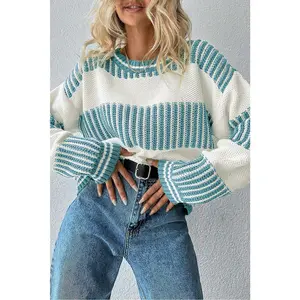 Light Blue Two Tone Striped Patchwork Drop Shoulder Sweater