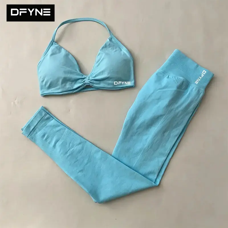 DFYNE (Mint green)  Women’s Seamless Leggings and Sports Bra Set - High Waisted Tummy Control Matte Knit Yoga Activewear 2 Piece Squat Proof Workout Outfits Gear