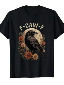 Unisex Men's Fun F-CAW-F Crow Pattern-Shirt - Bold Bird Design With Floral Embellishments - 180g Heavy Cotton Black Top, Suitable For Halloween, Masquerade, And Casual Wear - Comfortable Soft Fabric, Street Style  Printed Shirt, Halloween Outfit Item