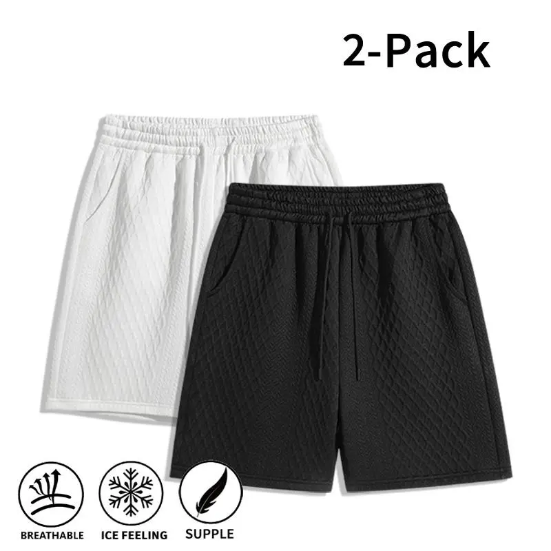 Men’s 2-Pack All-White Knit Shorts, Cool-Touch Breathable Streetwear Shorts, Casual Shorts with Elastic Waist and Drawstring