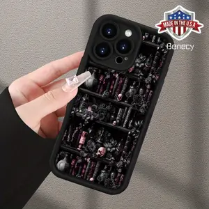 Mysterious - Gothic Library Pattern Mobile Phone Case: Showcases a Black Background with Shelves Filled with Dark, Mysterious Books, Skulls, and Roses in Shades of Purple and Black,  for iPhone 16/15/14Pro Smartphone Cellphone Screen Protector Casing
