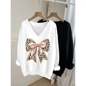 Elegant Women's Casual Top, Leopard Print V-Neck Long Sleeve Sweatshirt, French Style Knitwear, Suitable for All Seasons