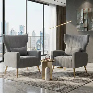 Velvet Fabric Mid Century Modern Armchair, Comfy Upholstered Accent Chair with Metal Legs & Spring Support for Living Room Reading