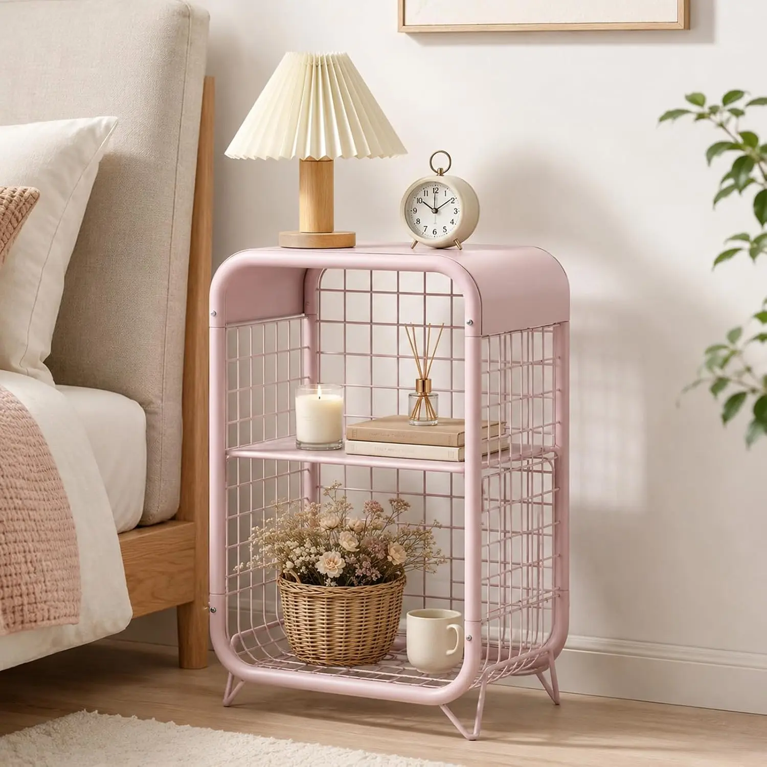 Cute Nightstand, Metal End Table, Side Table with Storage, 3-Tier Narrow End Table for Girls, Small Beside Table for Bedroom, Living Room, Office, Decor, Pink