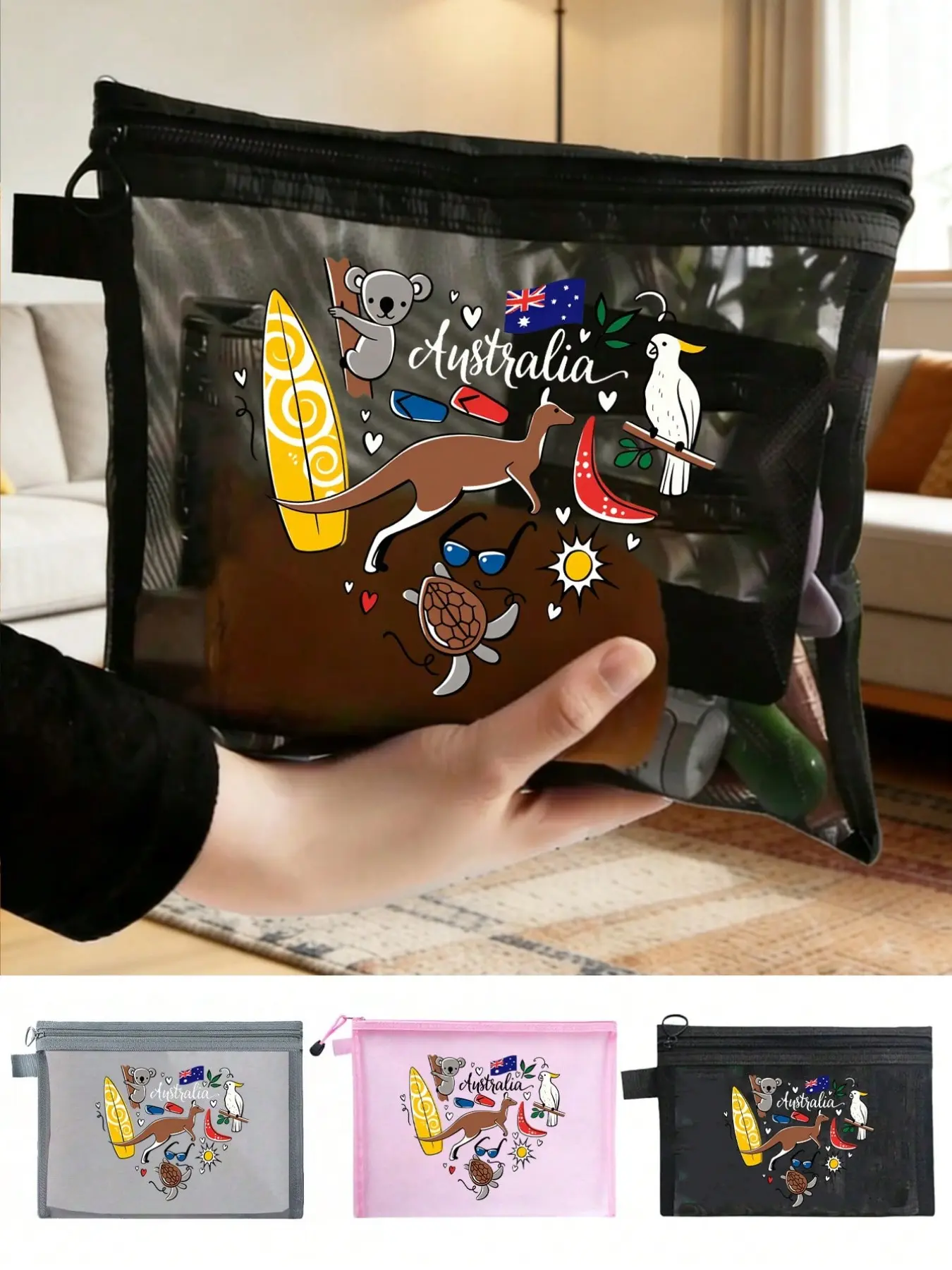 Australia-themed Toiletry Bag - Creative and stylish double-sided printed makeup bag with unique animal patterns (kangaroo/koala/turtle/parrot), travel storage pouch, lightweight zippered makeup case, fashionable makeup bag suitable for use