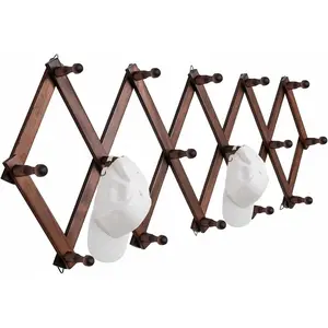 Hat Rack for Wall, Expandable Wall Hat Holder with 16 Hooks, 16-inch Wooden Wall Hat Rack for Hat, Baseball Caps,Cowboy Hat, Bag,Hoodie(Brown)