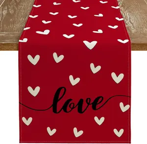 Heart Motif Love Theme Table Runner - Valentine's Day Red Burlap Farmhouse Kitchen Linen, 72x13 in Polyester Fiber Scratch Guard for Indoor/Outdoor Use