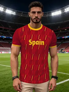 Men's Spain Theme Sporty Short Sleeve T-Shirt, Athletic Sports Clothing, Plaid Letter Print, Vintage Jersey Collar, Casual Summer Top, Casual Sports Tops