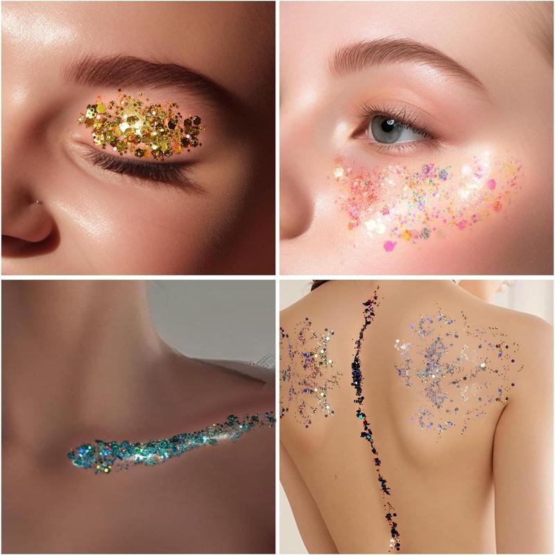Body Glitter Face Glitter Makeup Festival Glitter, Body Glitter Gel, Hair Glitter Gel, 6 Shapes Rave Glitter, Mermaid Sequins Makeup Glitters Face Paint, Chunky Sparkling Glitter Gel for Women
