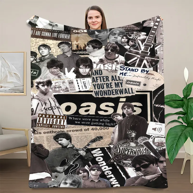 Oasis Band Vintage Collage Throw Blanket, Classic British Rock Band Photo & Lyrics Flannel Blanket, Oasis Wonderwall Fleece Throw For Sofa Bedroom Decor, Gift For Rock Music Fans