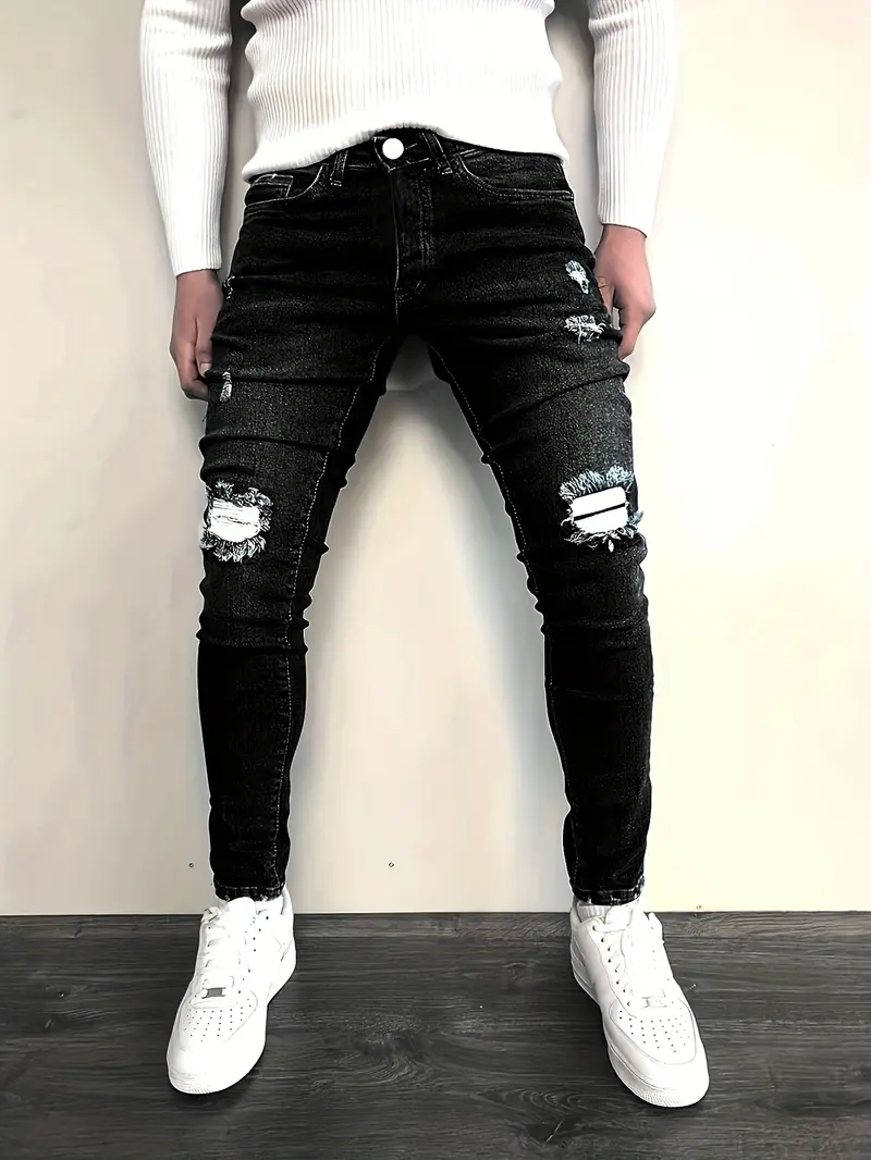 Men's black fashionable ripped jeans, a must-have for street fashionistas  Menswear Pants