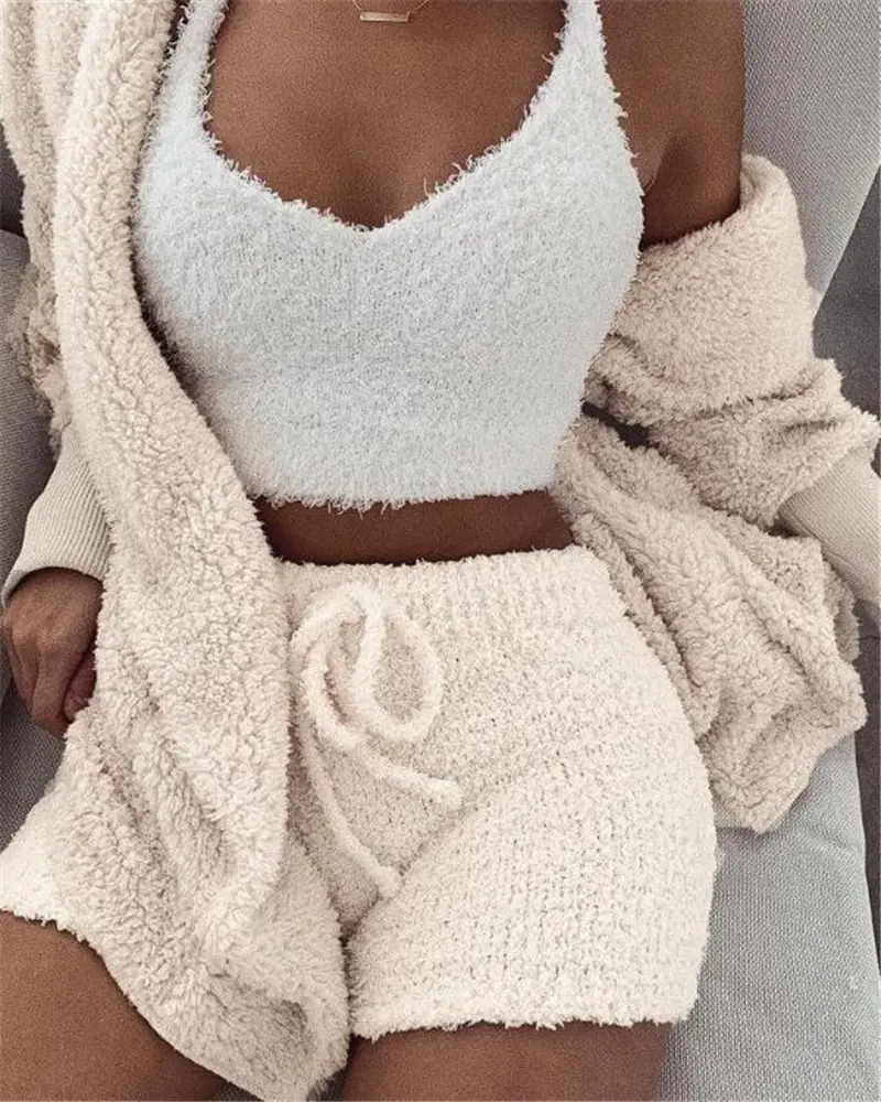 Women's Basic Velvet 3pcs Pajama Set - Comfortable Long Sleeve Crop Tank Top, Drawstring Shorts, Belted Plain Sleepwear Loungewear Pants Suit, Machine Washable, Sweet Look
