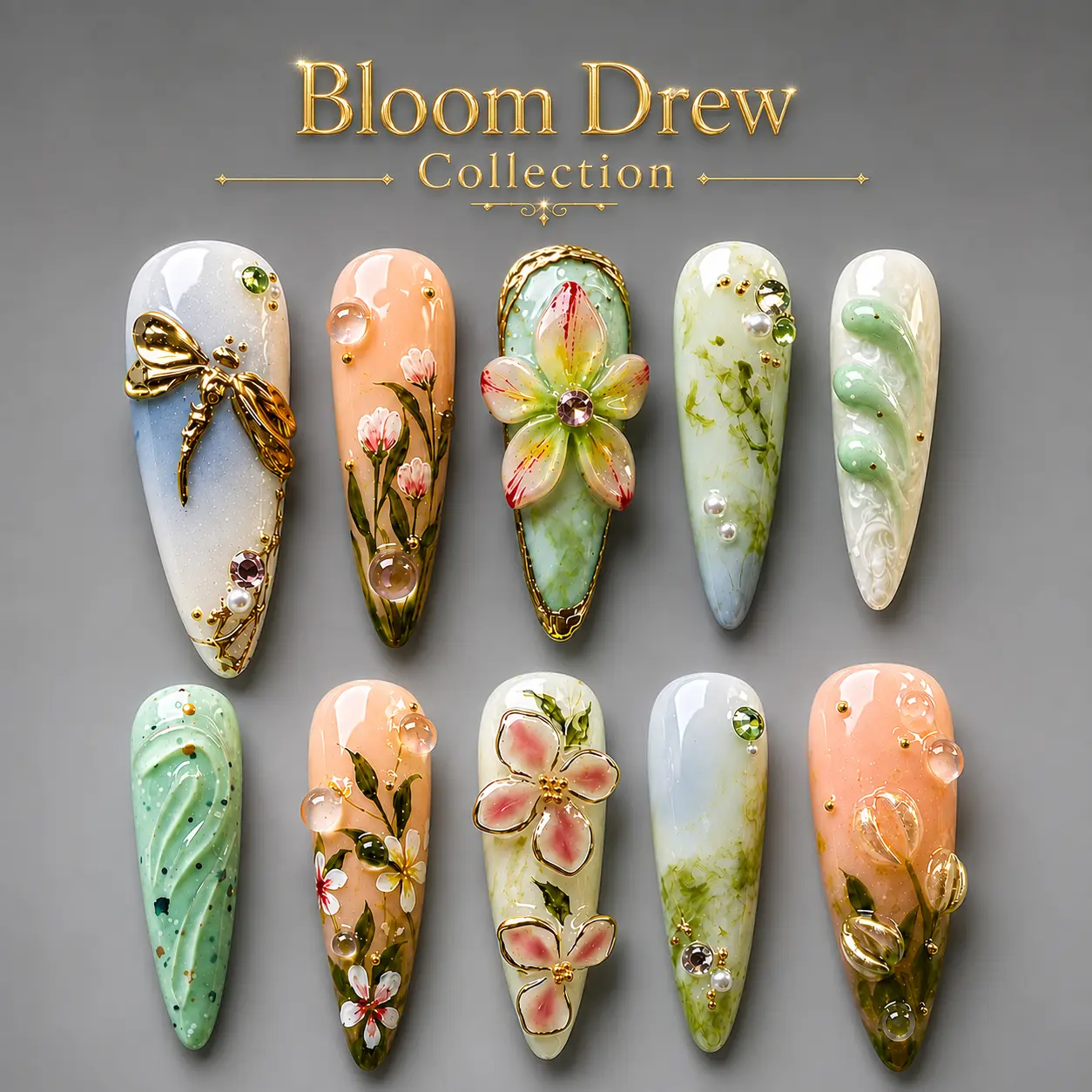 NAILCOUTURE Handmade 3D Floral Press On Nails | Reusable Acrylic Gel Fake Nails | Butterfly Shell Nail Art | Glossy Luxury Press Ons | Almond Stiletto Coffin Shapes
