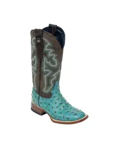 TANNER MARK WOMEN’S Ostrich Print Turquoise Cowgirl Boots Whit Mad Dog Brown Top