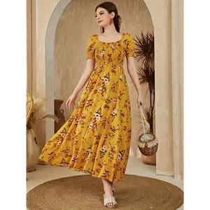 Floral Print Square Neck A-line Dress, Elegant Short Sleeve Dress For Spring & Summer, Women's Clothing Fit Polyester