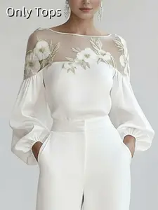 Loose Bubble Sleeve Embroidered Floral Mesh Patchwork Round Neck Shirt Blouse, Women's Casual Top, Spring & Fall Fashion