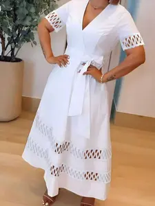 Women's Plus Size Solid Color Deep V Neck Short Sleeve Casual Waist Cinching Hollow Out Belted Dress, Patchwork Lace Up Wedding Dress, Casual Wear, Womenswear