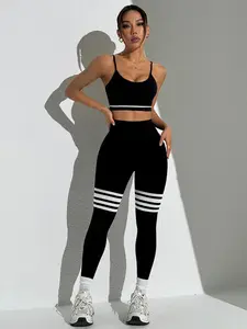 2 Piece Striped V-Back Leggings & Sports Bra Set Yoga Gym Activewear with Adjustable Straps & Removable Padding for Comfort and Support