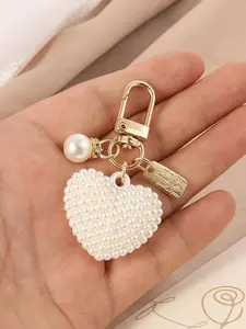 Mother's Day Gift Faux Pearl Decorated Beads Heart Shaped Keychain, Cute Faux Pearl Decor Keychain for Women & Girls, Fashion Charm Accessories for Bag & Car Key Decoration, Valentine's Day, Beaded, Heart Design Keychain