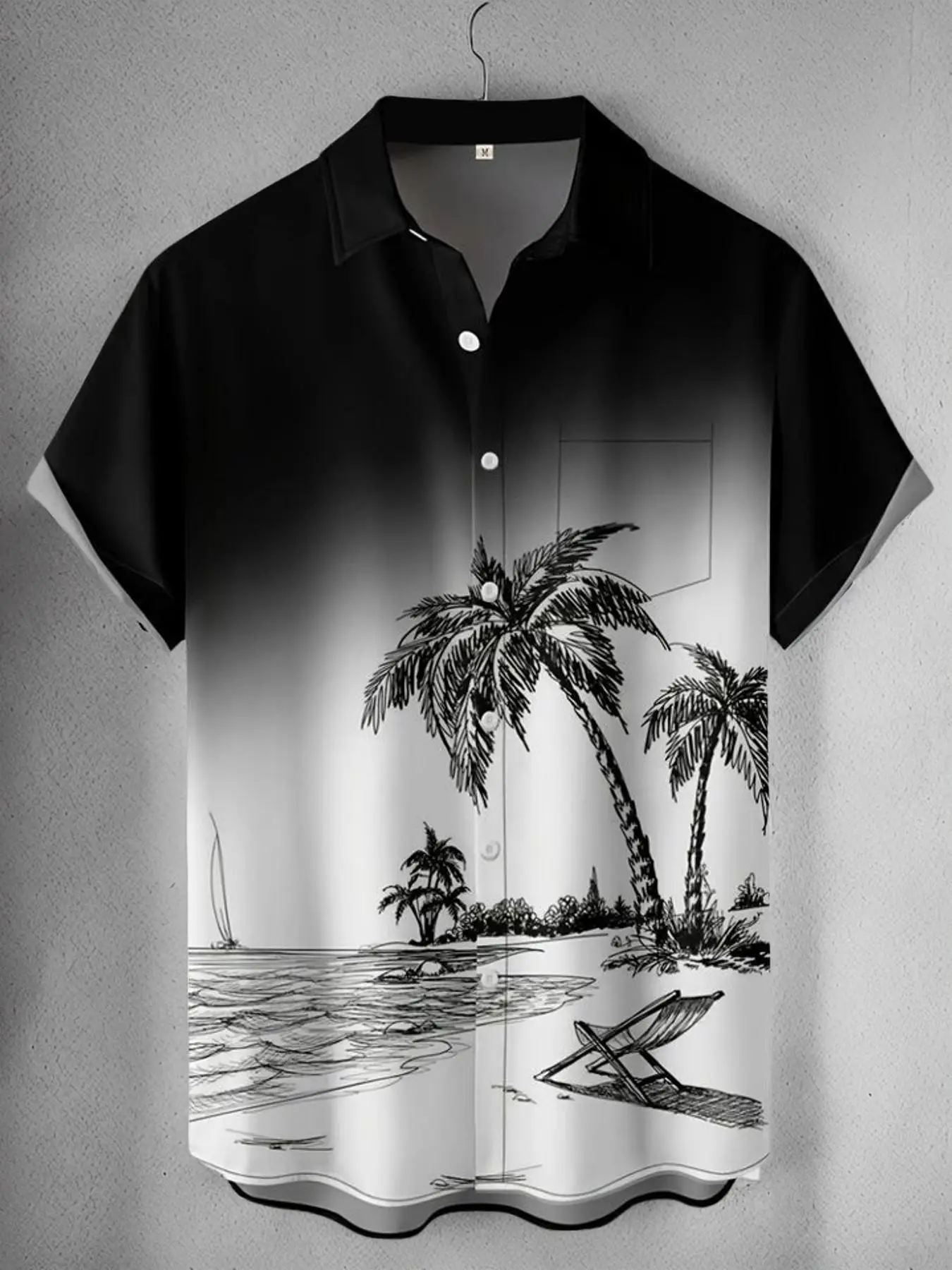Men's Coconut Tree Print Button Front Shirt, Loose Casual Pocket Short Sleeve Collared Top, Men's Summer Outfits for Beach Holiday